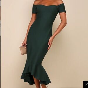 Lulu's Off-Shoulder Dark Green High Low Dress